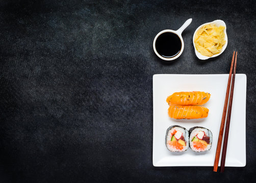 Sushi with Gari and Soy Sauce on Copy Space Area