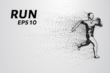 Runner of the particles. A man runs and wind from him to break away pieces. Runner consists of circles and points. Vector illustration