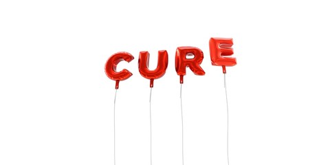CURE - word made from red foil balloons - 3D rendered.  Can be used for an online banner ad or a print postcard.