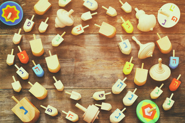 Image of jewish holiday Hanukkah with wooden dreidels