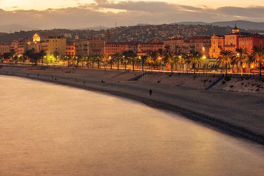 Nice, France: night view of old town, Promenade des Anglais