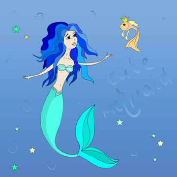 Cute cartoon mermaid and fish