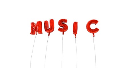 MUSIC - word made from red foil balloons - 3D rendered.  Can be used for an online banner ad or a print postcard.