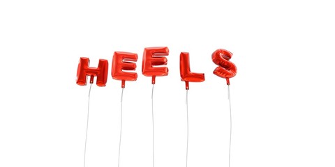 HEELS - word made from red foil balloons - 3D rendered.  Can be used for an online banner ad or a print postcard.