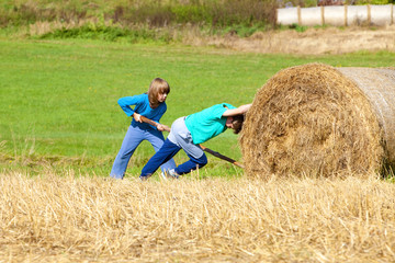Naklejka na ściany i meble Two Boys Moving Bale of Hay with Stick as a Lever