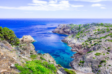 Fototapeta na wymiar Mediterranean coastline, cliffs and bay, Cap de Creus, Catalonia, Spain. The most eastern point of Spain and the Iberian Peninsula.