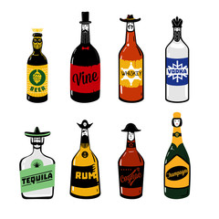 Vintage alcohol. Isolated bottle collection. Icon set