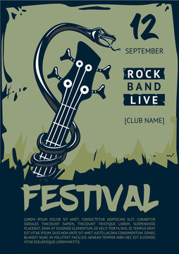 Rock music poster with snake and guitar. Grunge style background