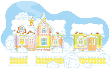Fototapeta premium Colorful snow-covered house of Santa Claus and his workshop at the North