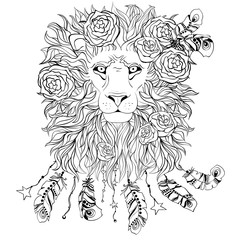 Hand drawn graphic ornate head of lion with ethnic floral doodle