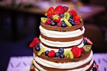 Naked wedding chocolate cake topped with berries