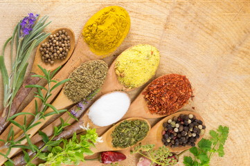 Spices in wooden spoons on wooden table