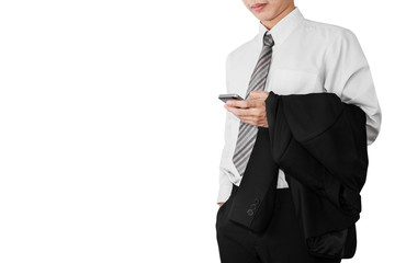 Business man employee in white t-shirt relaxing using smartphone,and holding black suit on his arm, isolated on white background