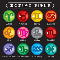 Vector Icons of Zodiac Signs. Bright Round Shape Colored Zodiac Symbols on Black Background.