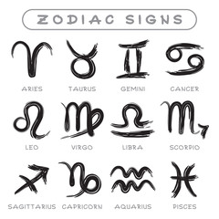 Vector Icons of Zodiac Signs. Style of Calligraphy. Set of Black and White Zodiac Characters on White Background.