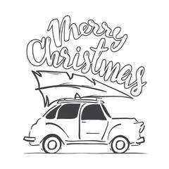 Vector illustration: Hand-drawing moving  retro car with Christmas tree on the roof isolated on white background. Sketch line design. Merry Christmas