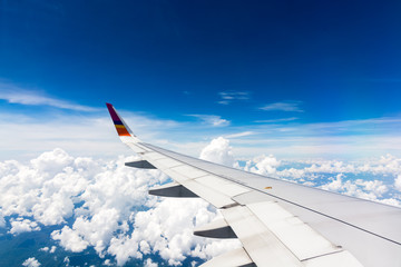 Wing airplane above clouds