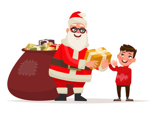 Merry Christmas and Happy New Year. Santa Claus gives the boy a