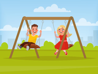 Playground. Children swinging on a swing. Vector illustration - obrazy, fototapety, plakaty