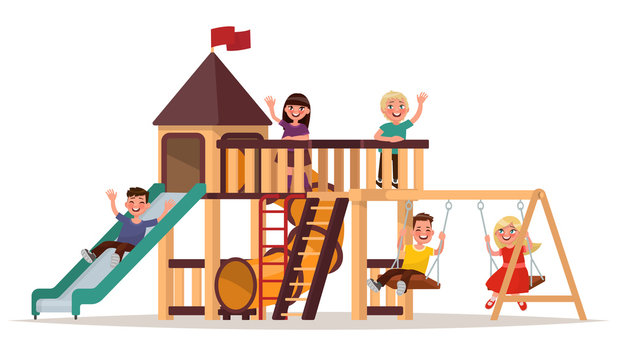 Children play on the playground on a white background. Vector il