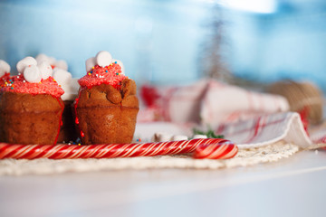 New Year celebration cupcakes, chocolate muffins on table