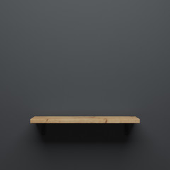 Beige wooden shelf on black wall