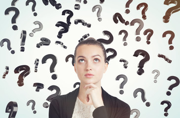 Close up of woman in black and white clothes and floating questi