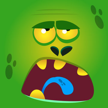 Cartoon zombie face vector icon. Cute square avatars for Halloween
