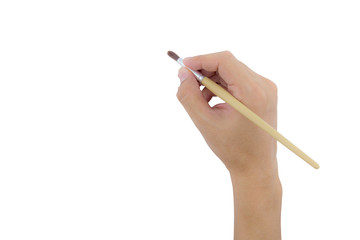 hand holding paint brush isolated over white background