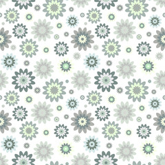 Seamless flower pattern in tints of green, gray & yellow on white. 