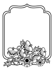 Vertical contour black and white frame with abstract flowers. Line art design for coloring book, advertisements, wedding, invitations, labels and greeting cards. Vector clip art.