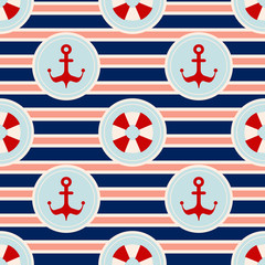 Obraz premium Maritime mood pattern, Seamless nautical pattern with life buoys, anchors and striped background
