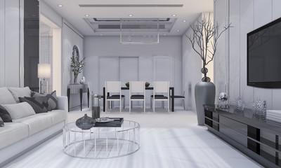 3d rendering nice modern design luxury living room and dining room with grey sofa and tv shelf and dining table