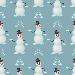 Funny dancing snowmen, Seamless pattern with snowmen and silhouettes of Christmas tree