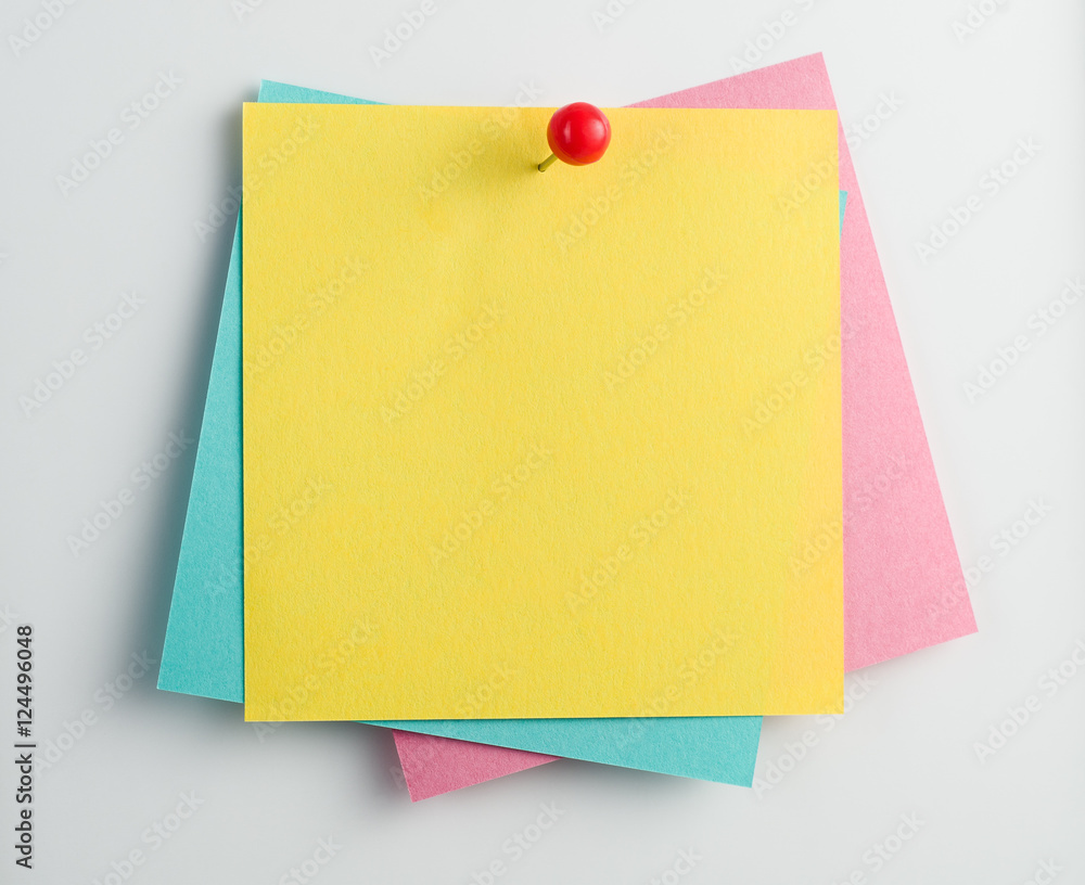 Poster set of blank sticky notes with pushpin isolated on white background