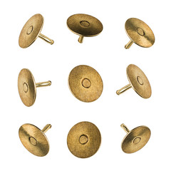Closeup set of metal pushpins isolated on white background