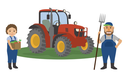 farmer couple and agricultural motor tractor