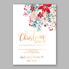 Merry Christmas party invitation with winter wreath. Pine, poinsettia Wedding Invitation Bridal shower invitation Baby Shower template card