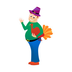 Thick happy man holds in one hand turkey is a holiday Thanksgiving. isolated on white background Cartoonin the style and flat