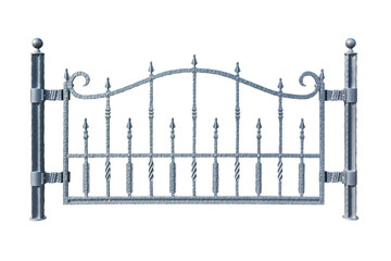 Iron picket country style fence isolated on white background.