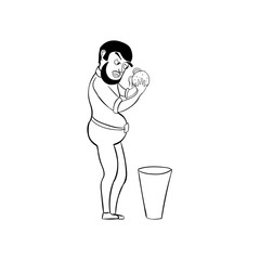 Man with a beard and belly looks at and thinks eating a burger or thrown in the trash. The concept of healthy nutrition
