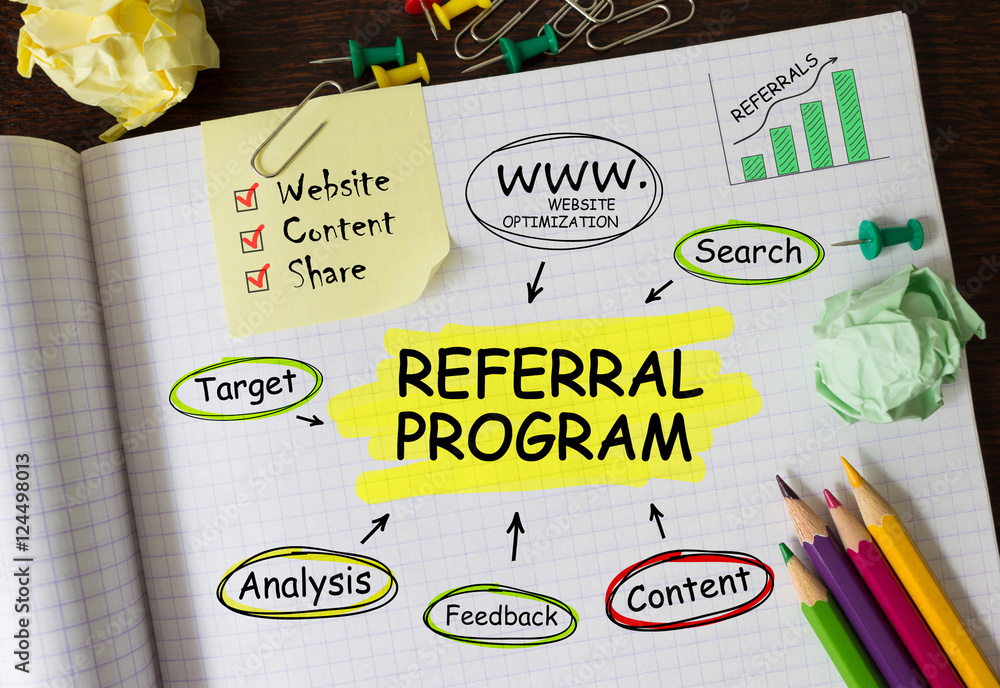 Aufkleber notebook with toolls and notes about referral program,concept