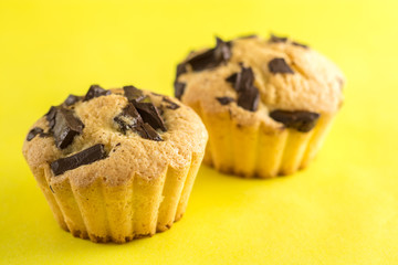 Muffins with pieces of chocolate. Yellow background.