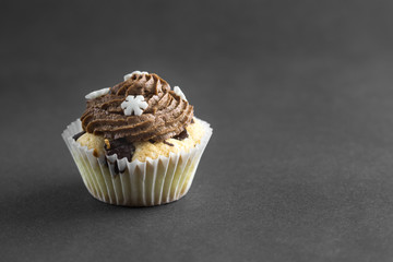 Vanilla cupcake with chocolate topping.