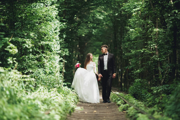 Young wedding couple, bride and groom posing on a railway track