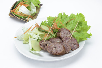 Sour pork and vegetable snacks in Thailand on white background