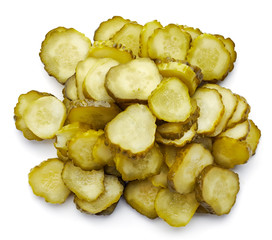 Heap of pickled cucumber slices from above