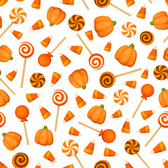 Fototapeta premium Vector seamless pattern with orange Halloween candies on a white background. 
