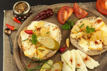 Bread and cheese. Healthy food for athletes. Dietary breakfast.
