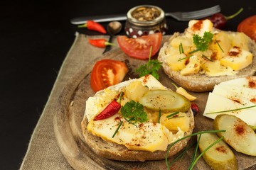 Bread and cheese. Healthy food for athletes. Dietary breakfast.
